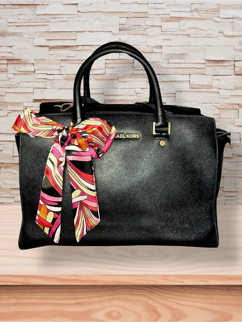 Michael Kors Black Satchel with Pink/Orange Scarf Accent